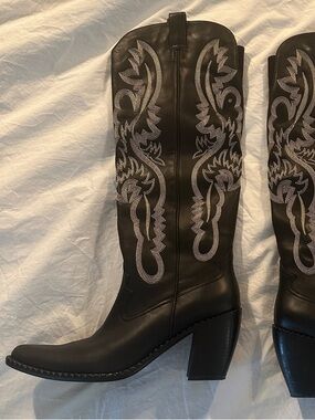 Jeffrey Campbell Black Heeled Western Boots with Silver Embroidery